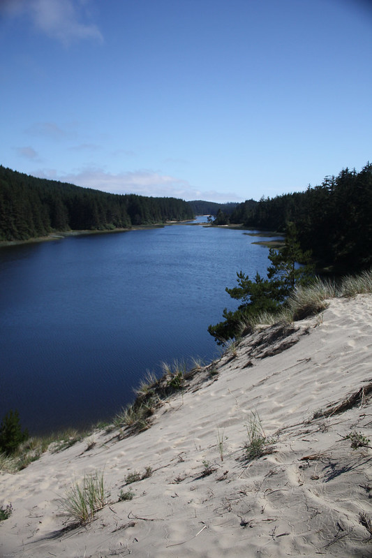 Threemile Lake. It's long and skinny, and surrounded by forest and in some parts by sand.