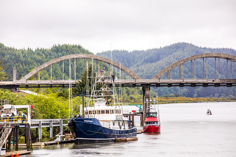 The Umpqua River Bridge with two boats (one dark blue and one bright red) in the river in front of it. There are forested hills in the background. The photo was taken on a cloudy day.