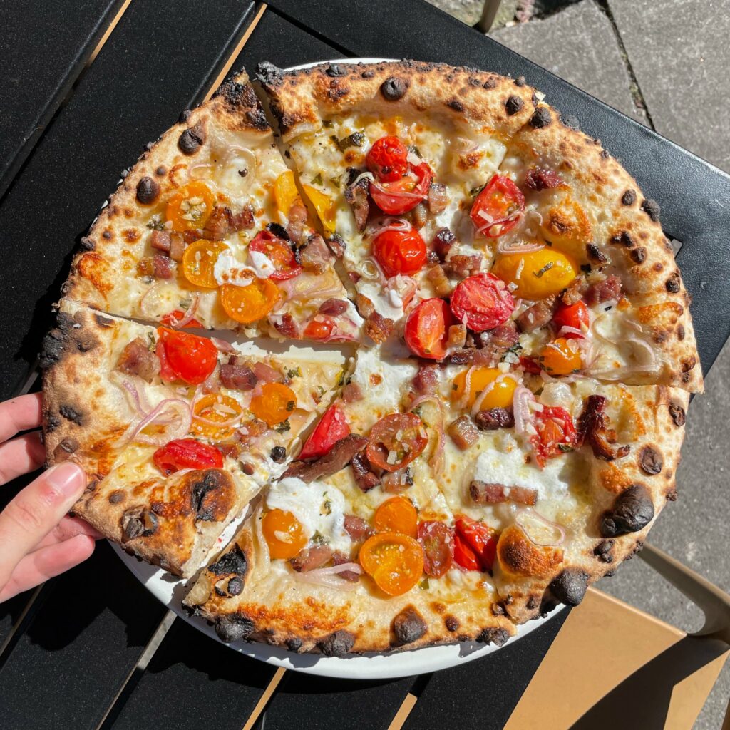 A gorgeous wood fired pizza.