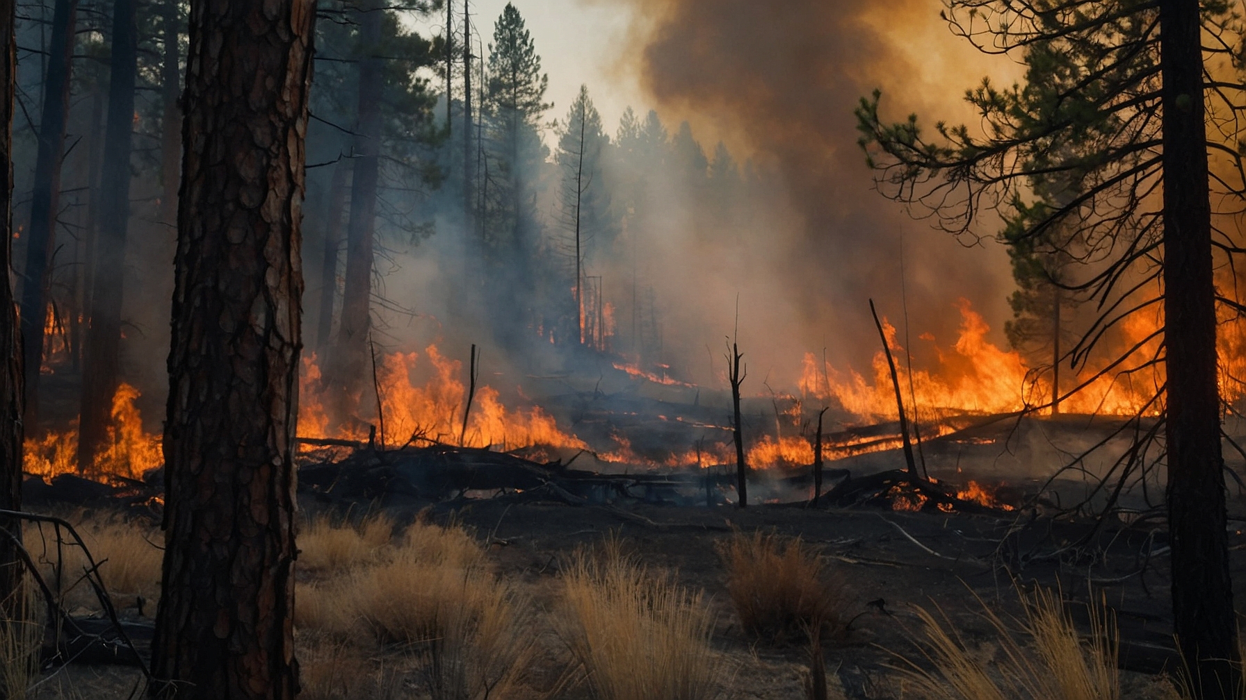 A fire burns through a forest.