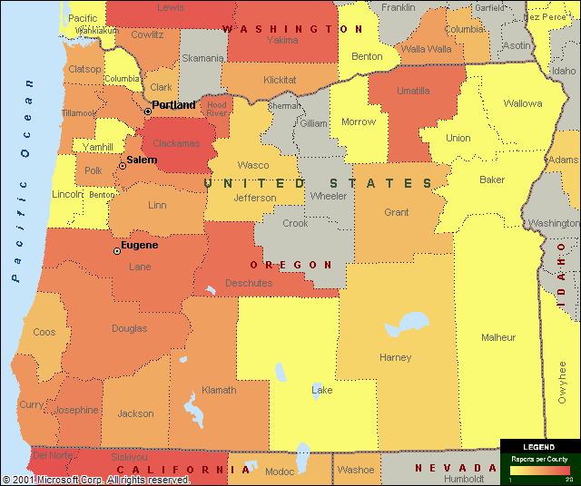 A heat map of credible Oregon bigfoot sightings.