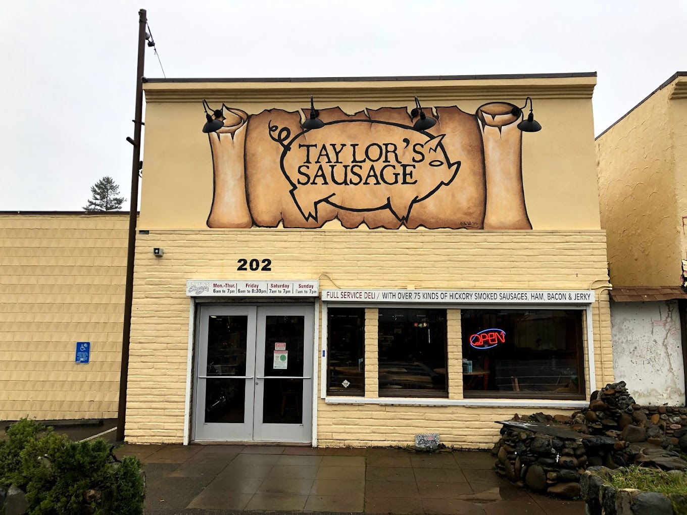 The outside of Taylor's Sausage in Cave Junction, Oregon.