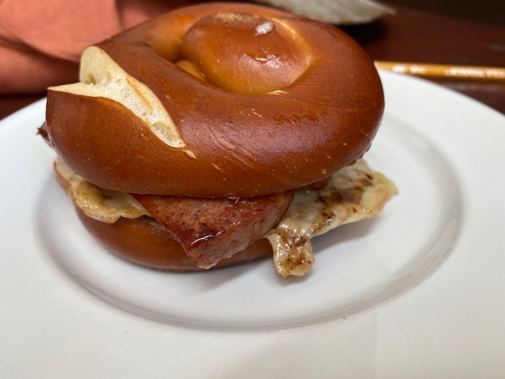 A pretzel sandwich at Fressen Artisan Bakery.