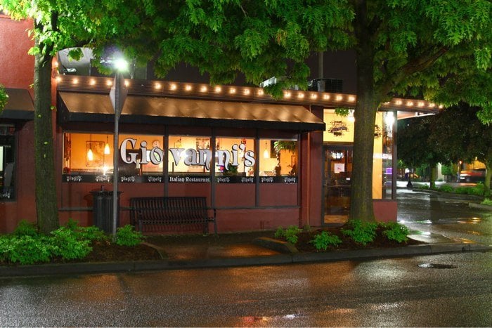 The outside of Giovanni's Italian Restaurant at night time.