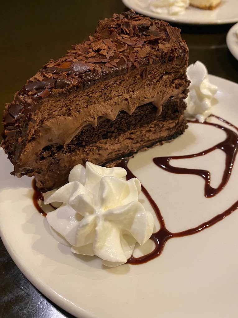 A delicious looking chocolate cake for dessert.