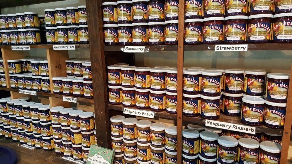 Jars of jams and jellies inside the Apple Valley Country Store in Hood River, Oregon.