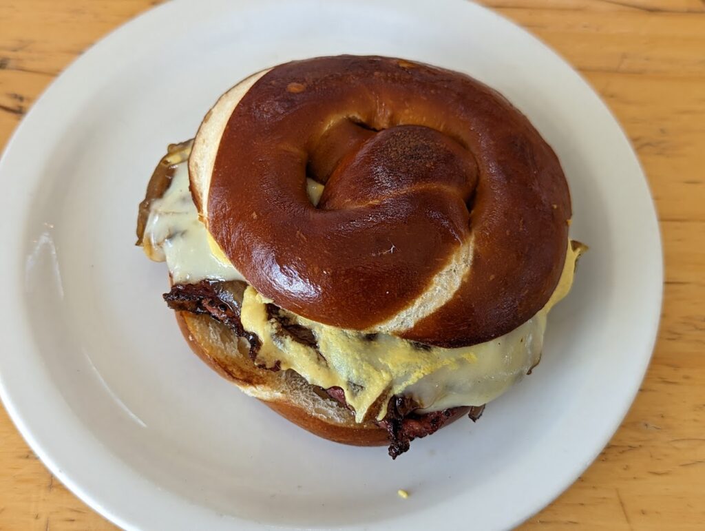 A pretzel sandwich at Fressen Artisan Bakery.