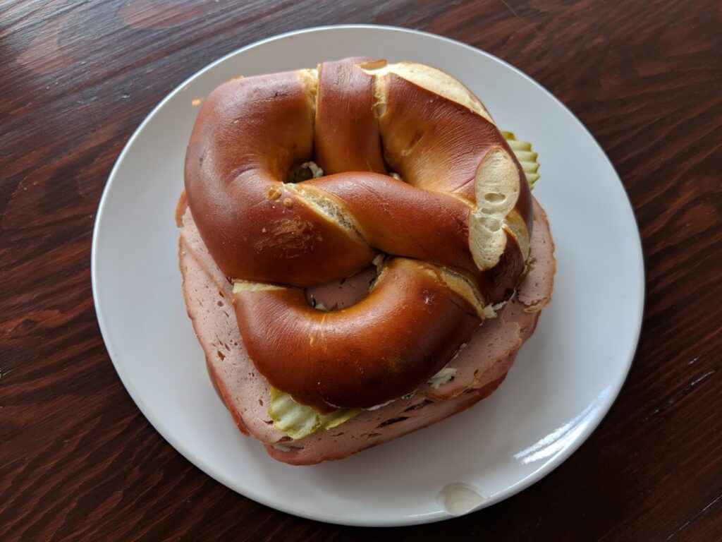 A pretzel sandwich at Fressen Artisan Bakery.