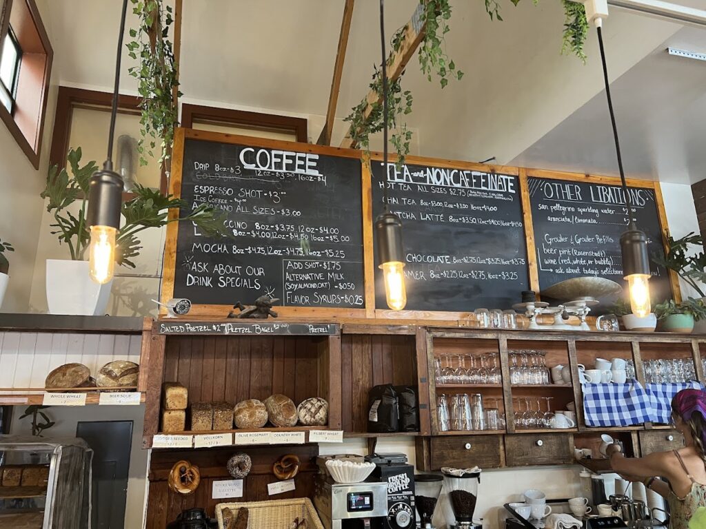 The interior of Fressen Artisan Bakery in Portland, Oregon. It has a very cozy feel inside.