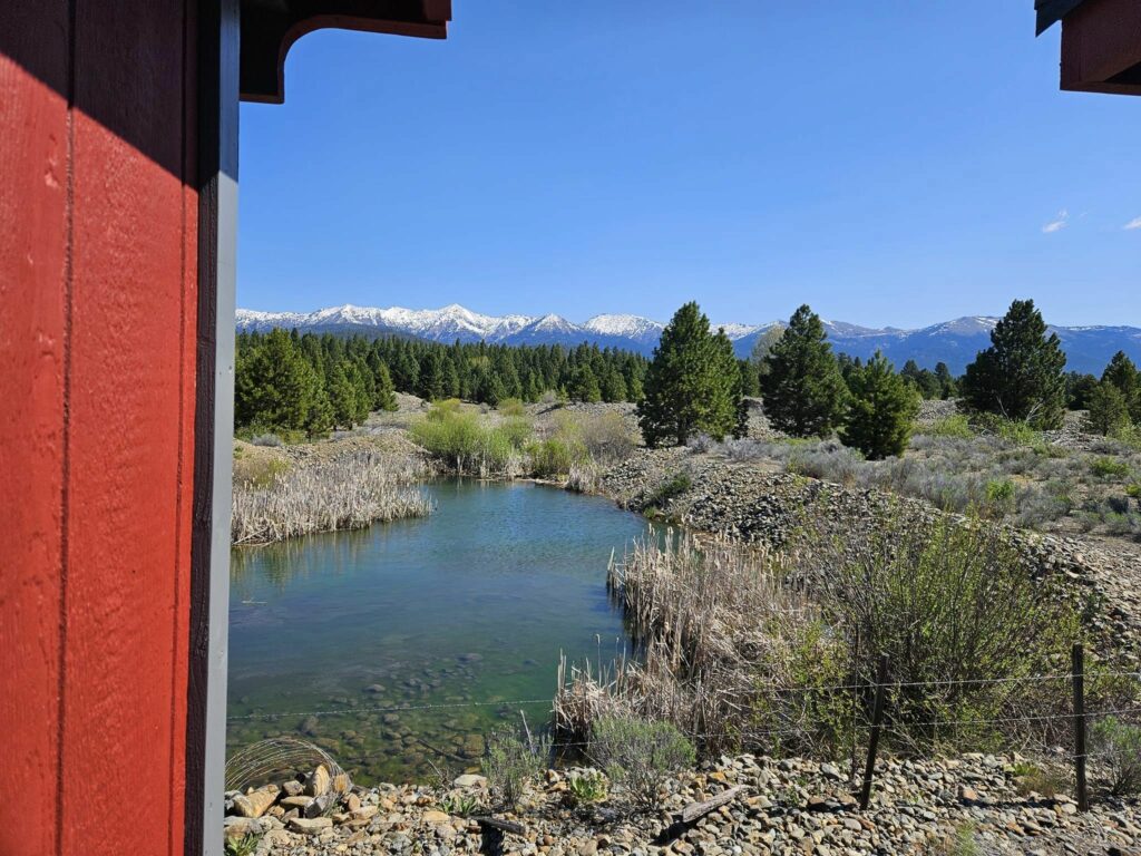 The view out the train window of a small river, trees, and snow capped mountains.