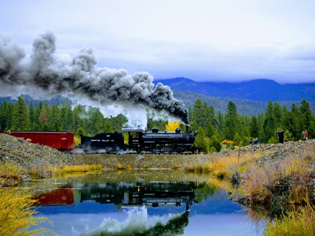 A train passes trees in fall colors with steam billowing out the top of the train.