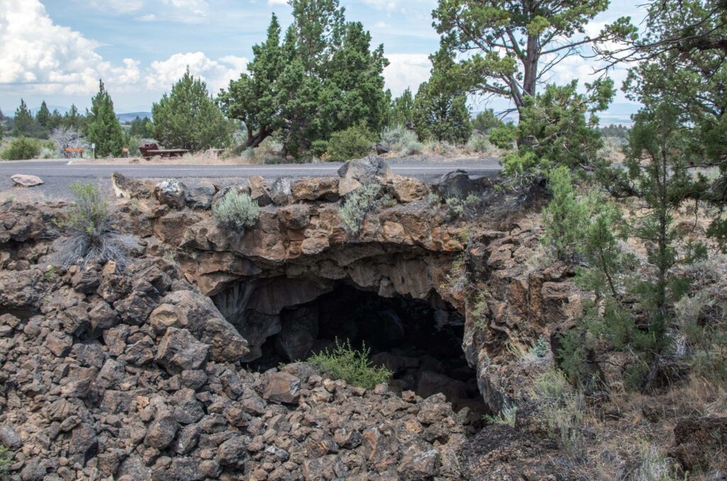 Looking down into a cave at the Lava Beds National Monument.