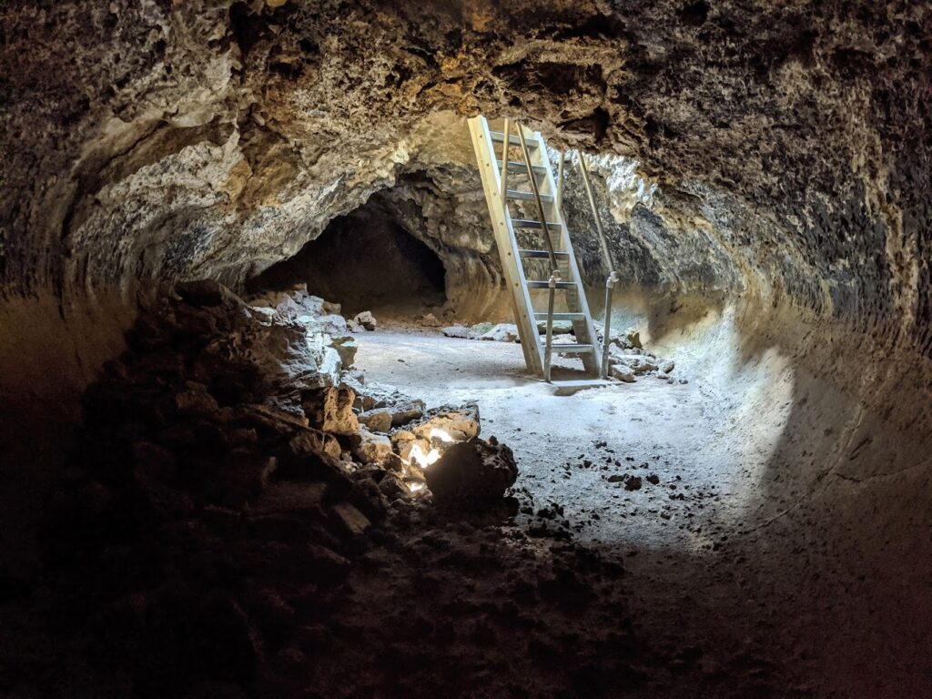 Inside a cave at the Lava Beds National Monument.