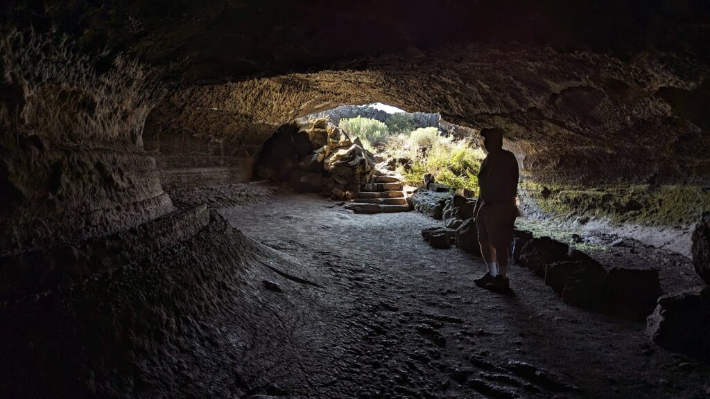 Inside a cave at the Lava Beds National Monument.