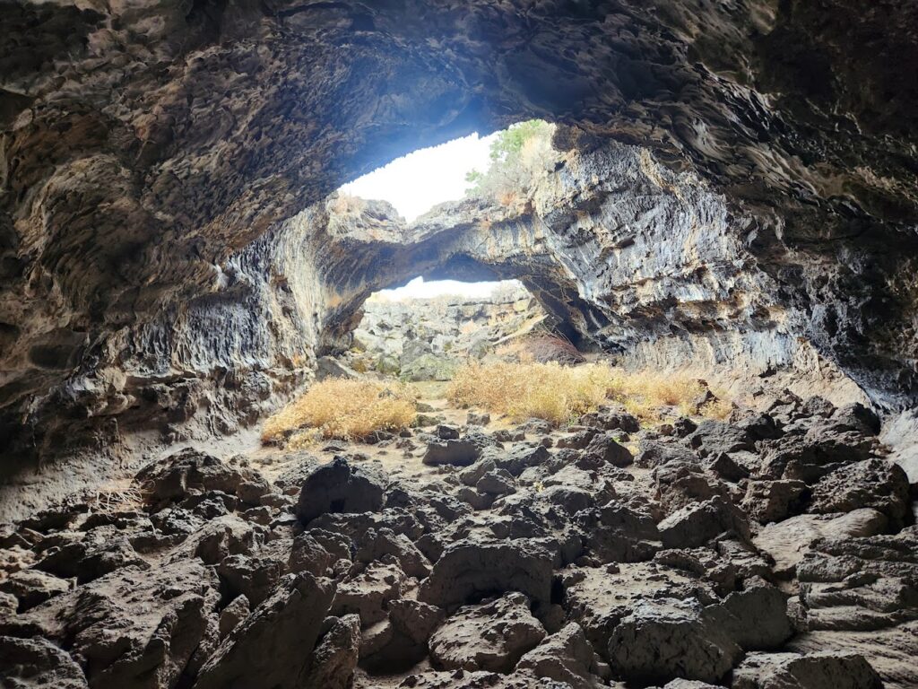 Inside a cave at the Lava Beds National Monument.