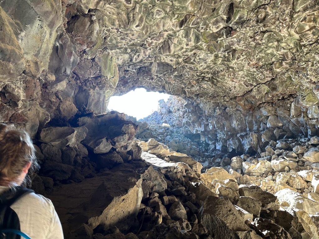 Inside a cave at the Lava Beds National Monument.