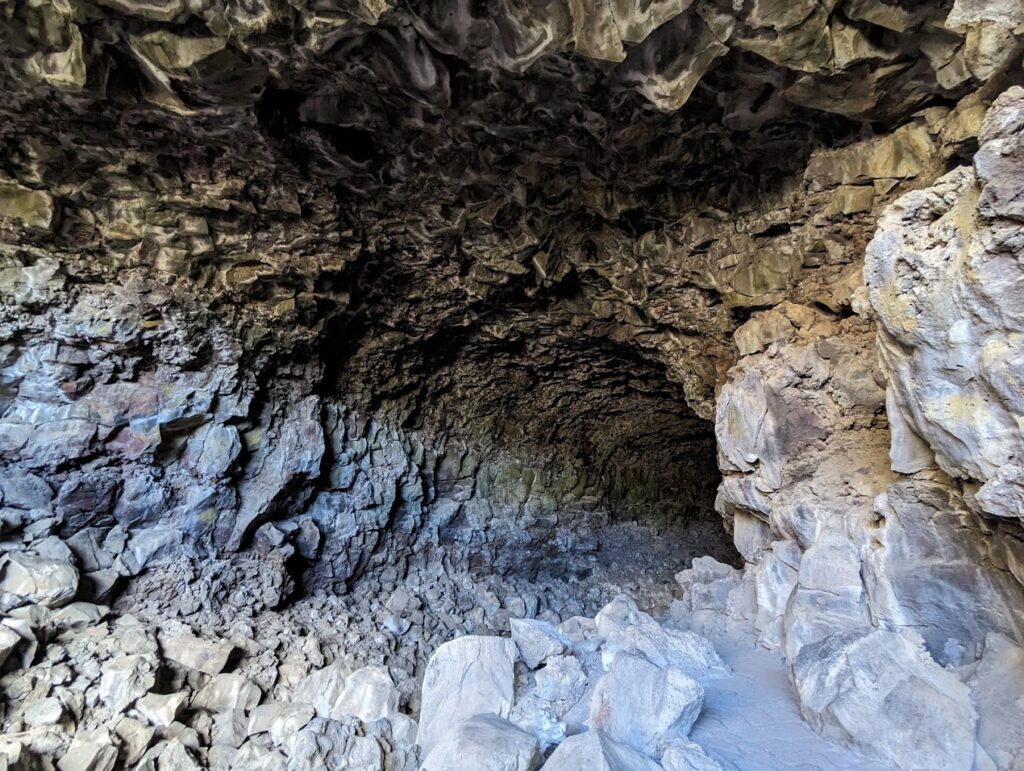 Inside a cave at the Lava Beds National Monument.