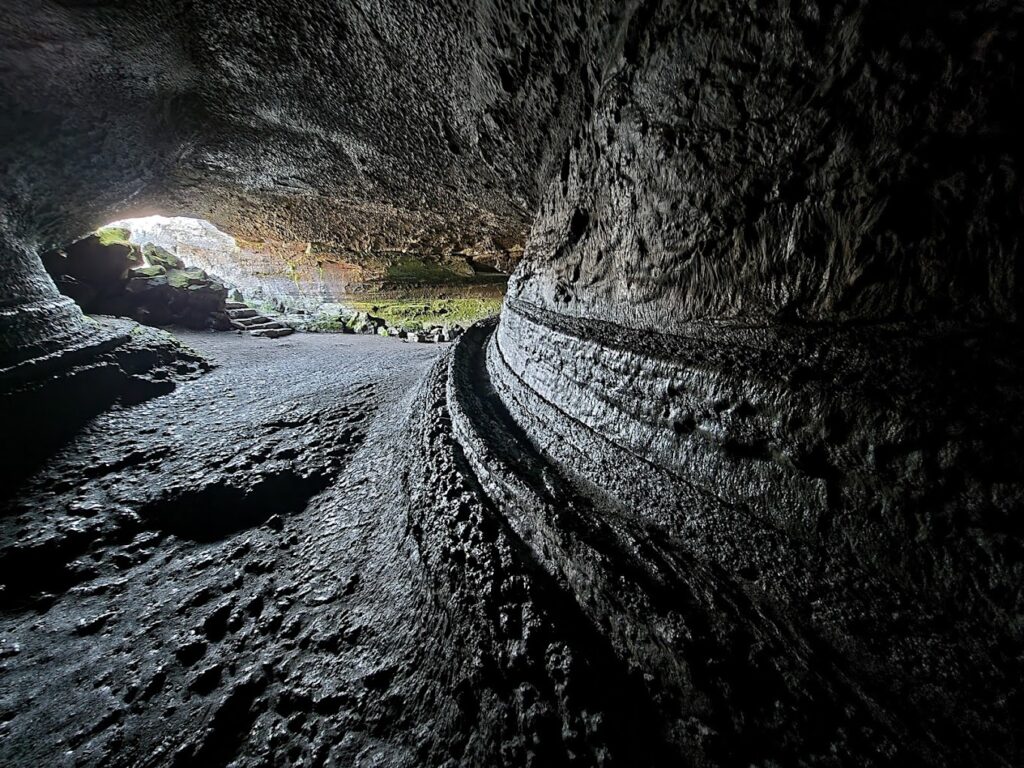 Inside a cave at the Lava Beds National Monument.