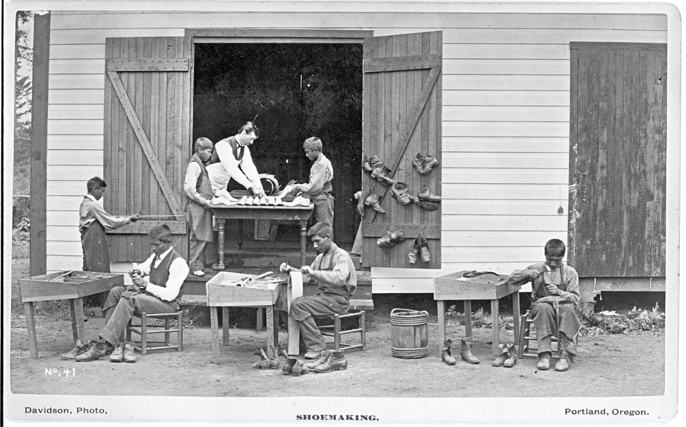 Students make shoes at the Indian school in Forest Grove in 1882.