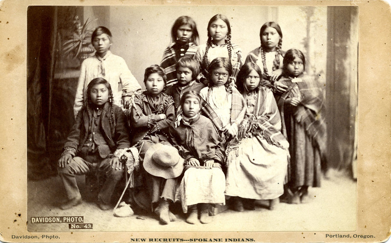 Spokane students upon first arrival, at Forest Grove Indian School in 1881.