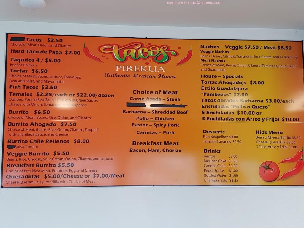 Tacos Pirekua menu