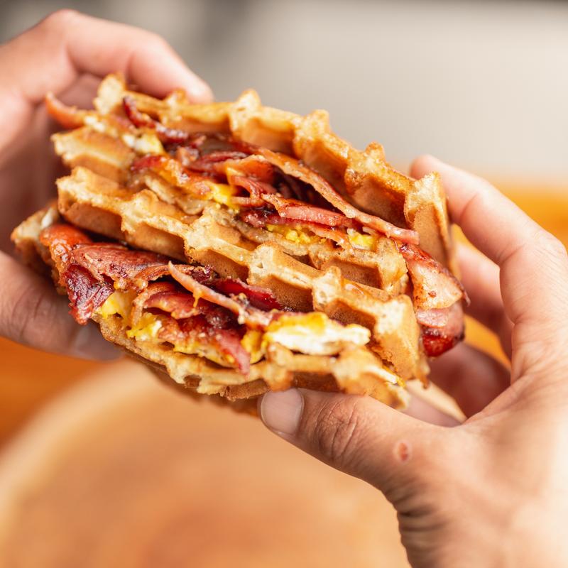 A delicious looking waffle sandwich.