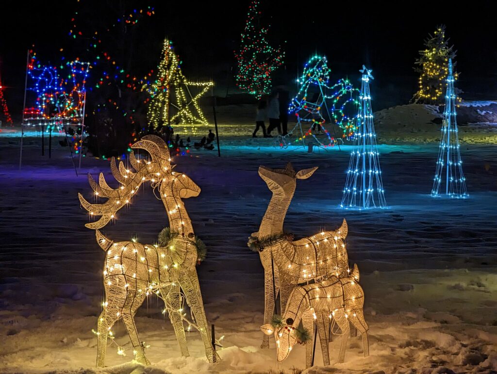 Christmas displays light up the night at Eulalona Park in Klamath Falls, Oregon. There's snow on the ground in the photo.