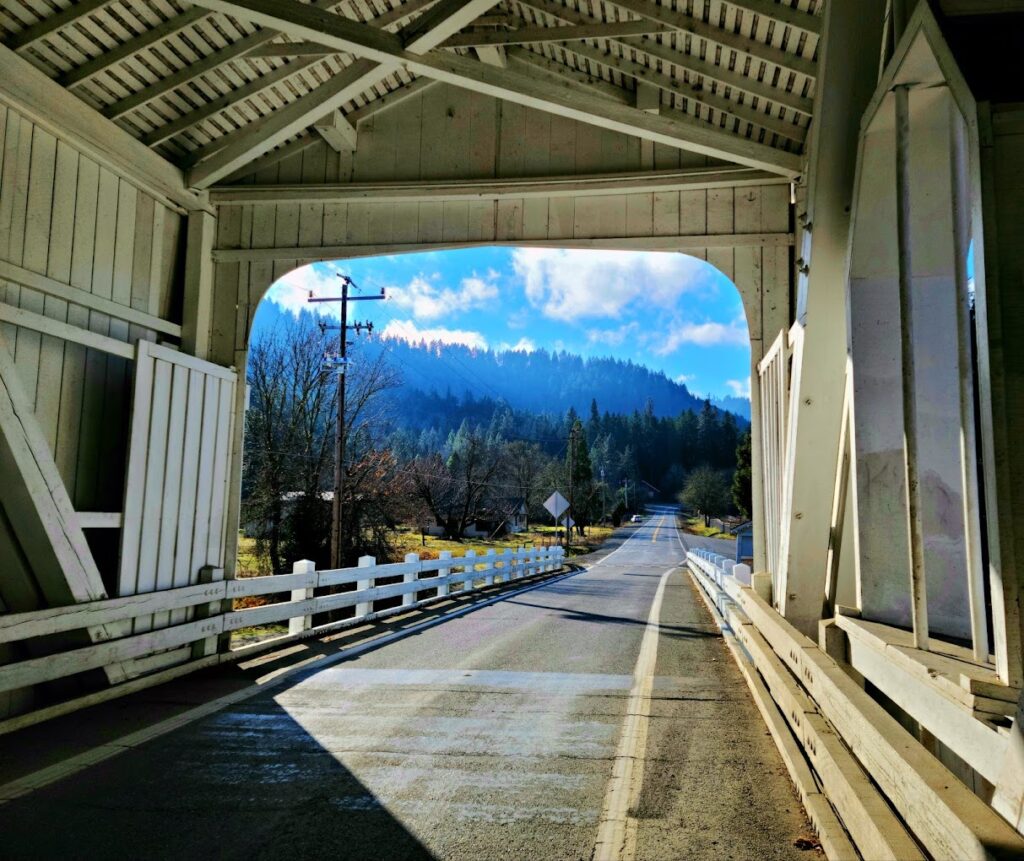 A view from inside the Grave Creek Covered Bridge.