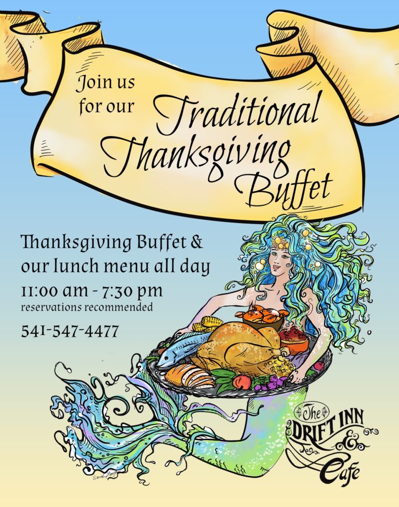 A flier for the Traditional Thanksgiving Buffet at The Drift Inn And Cafe. The flier features a mermaid and soft yellow, blue, and green colors.