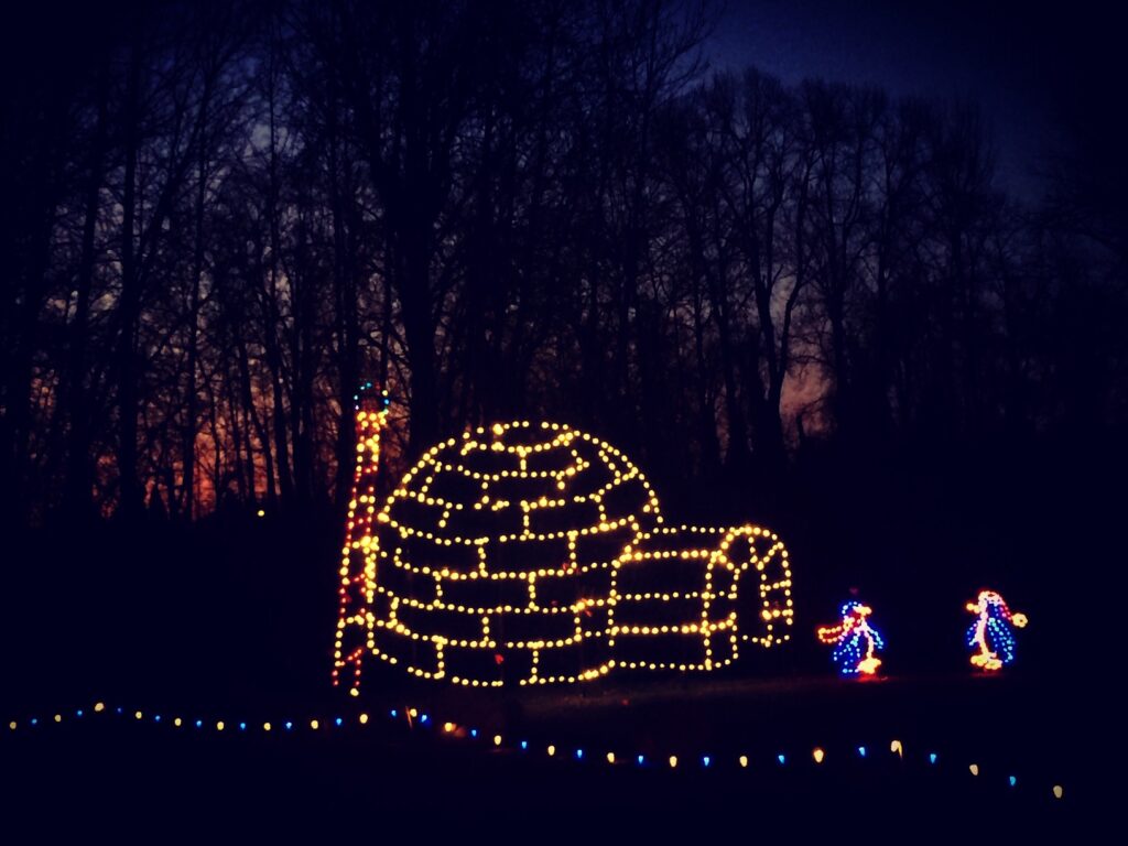 A light display that looks like a white igloo made of Christmas lights at night time.