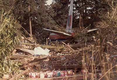 The tail end of Flight 173 sticking out of the trees it crashed into and surrounded by wreckage.