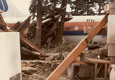 The fuselage of Flight 173 sitting in the wreckage of trees and buildings.