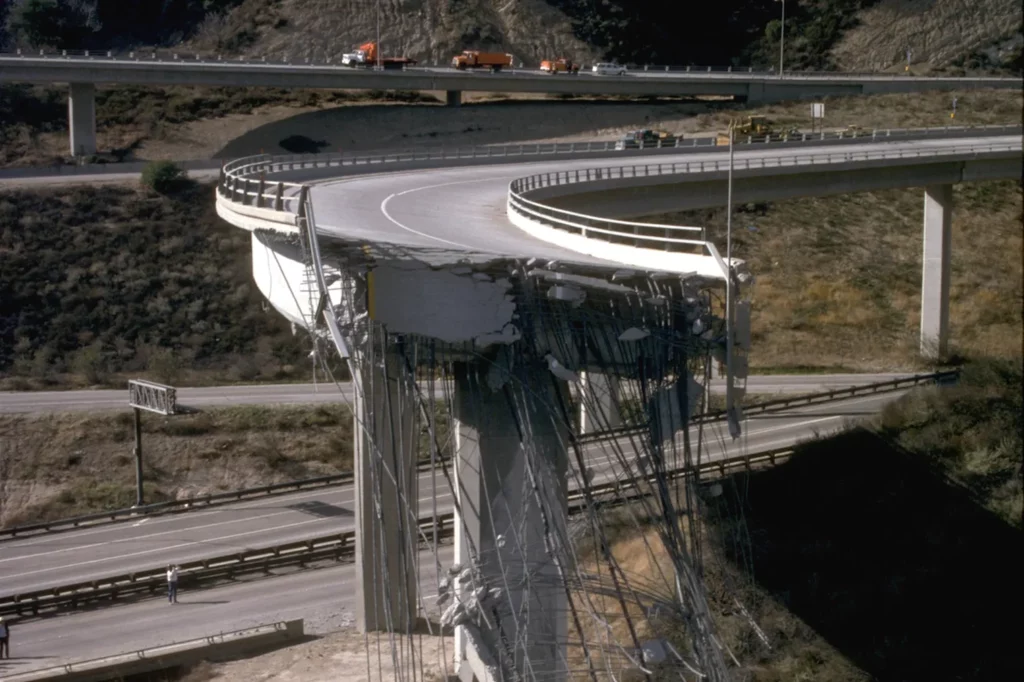 An earthquake damaged bridge From 1994. Half of the bridge has collapsed.