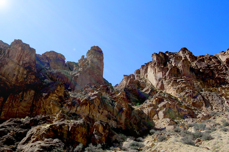 Rocky cliffs reach up towards the sky in Leslie Gulch in the Owyhee Canyonlands. Scrubby brush lines the cliff base.