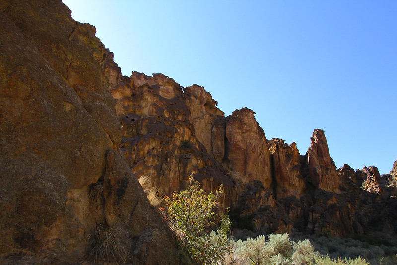 Rocky cliffs reach up towards the sky in Leslie Gulch in the Owyhee Canyonlands. Scrubby brush lines the cliff base.