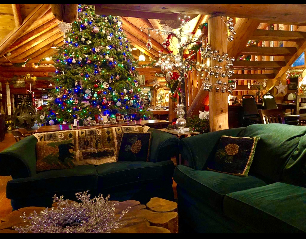 A massive Christmas tree covered in ornaments and lights.