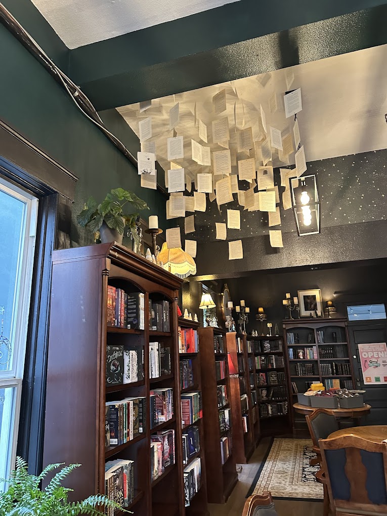 A gorgeous chandelier hangs down from the ceiling inside of Daffodil Romantasy Books in Eugene, Oregon. Pages from a book hang down around the chandelier.