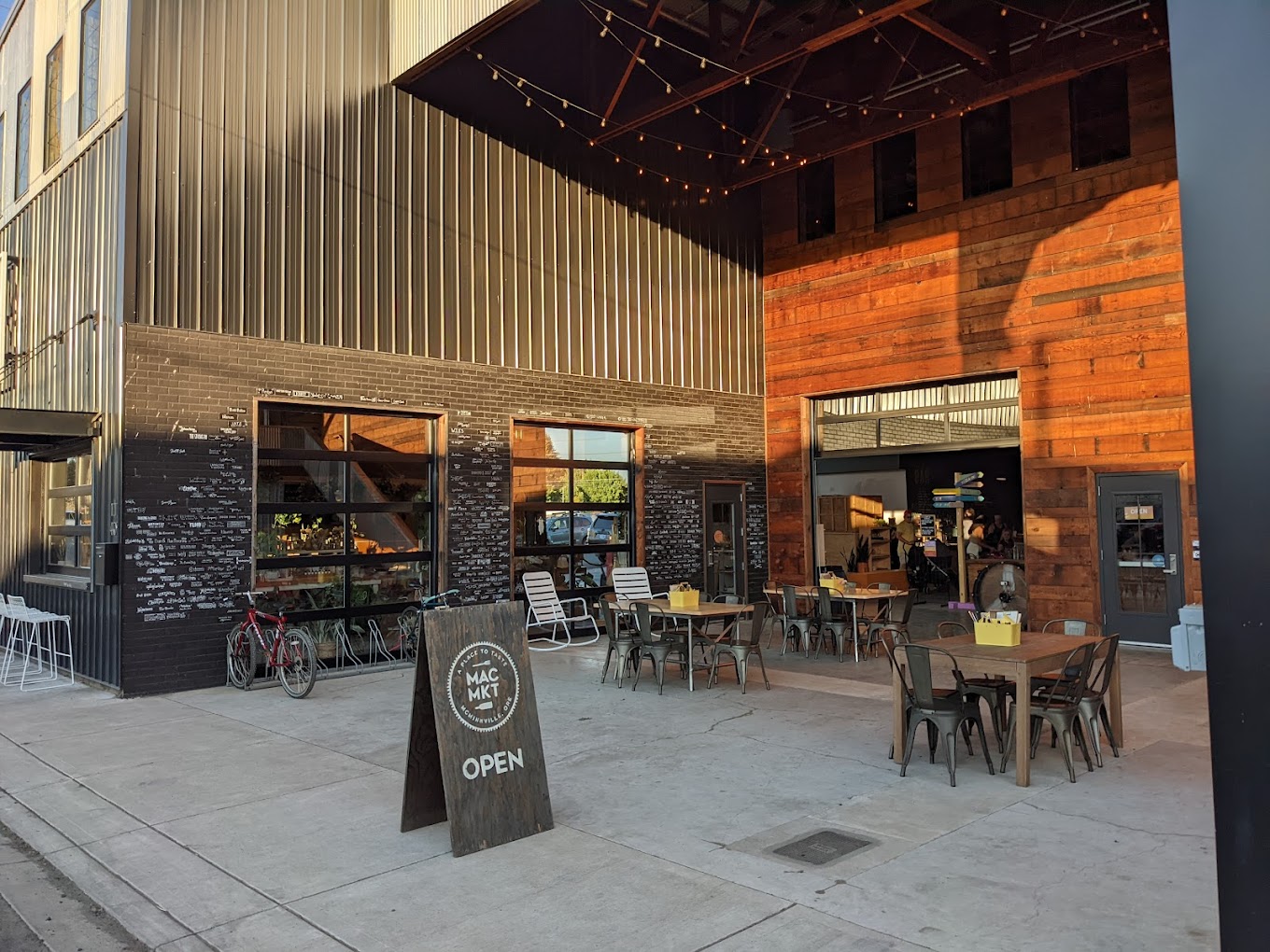 One of the outdoor seating spaces at Mac Market.