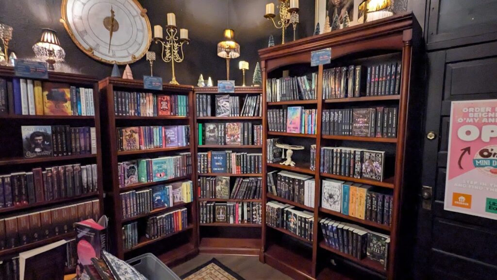 The interior of Daffodil Romantasy Books features a gorgeous dark academia aesthetic, cozy vibes, and lots of places to sit and enjoy coffee and a good book.