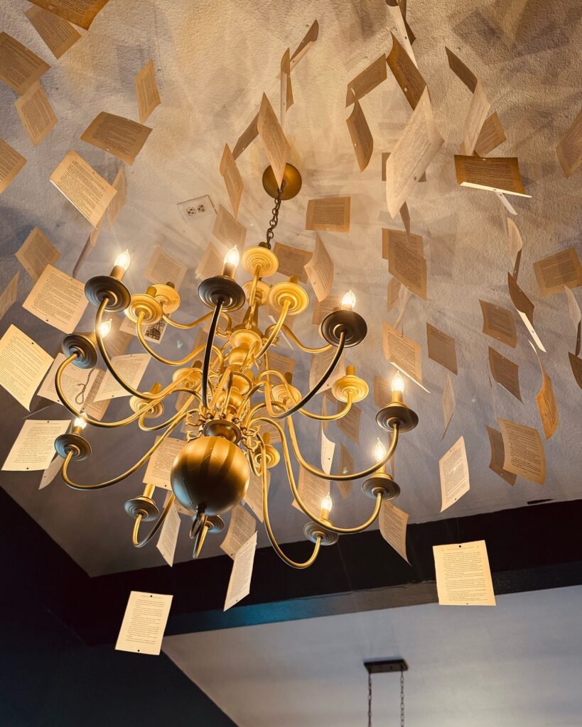 A gorgeous chandelier hangs down from the ceiling inside of Daffodil Romantasy Books in Eugene, Oregon. Pages from a book hang down around the chandelier.