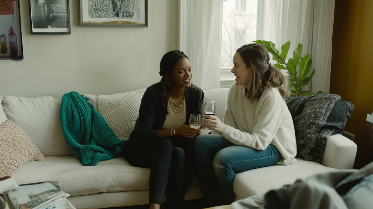 Two girls talking and drinking wine on couch