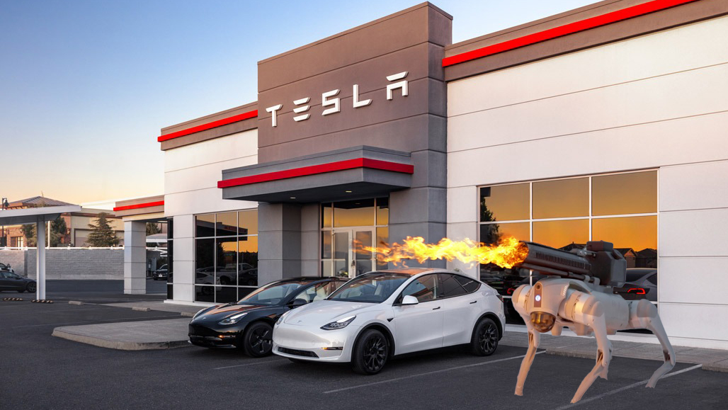 flamethrower dog tesla dealership