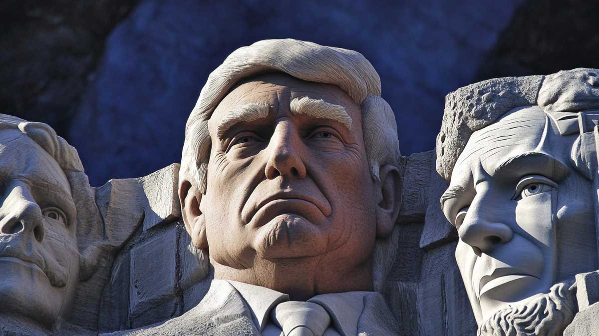 Donald Trump's face carved into Mount Rushmore, seamlessly integrated among the existing presidential sculptures of George Washington, Thomas Jefferson, Theodore Roosevelt, and Abraham Lincoln, with intricate details capturing his signature hairstyle, strong expression, and formal attire.