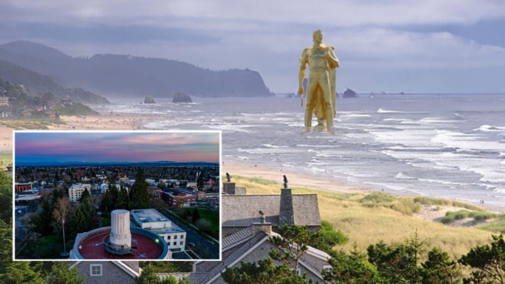 The Oregon Capitol’s Gold Man statue awkwardly standing in the ocean at Cannon Beach, replacing Haystack Rock as confused puffins look on