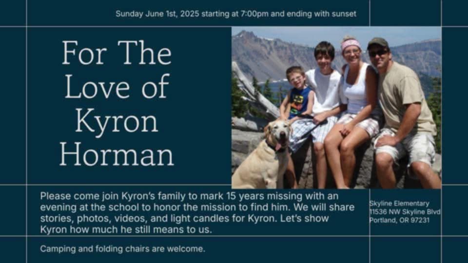 kyron horman, missing oregon boy, true crime, fbi investigation, desiree young, skyline elementary school, bring kyron home, 2025, candlelight vigil planned