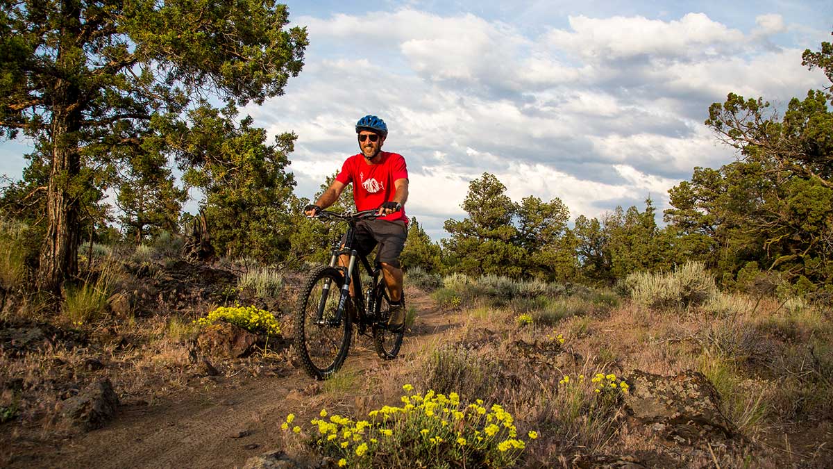 A man riding a mountain bike in Bend, Oregon
