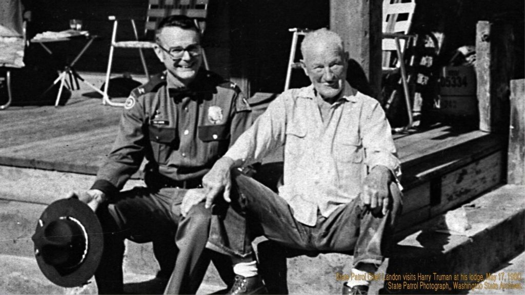 Old photo of Harry Truman with state trooper Chief Robert W. Landon