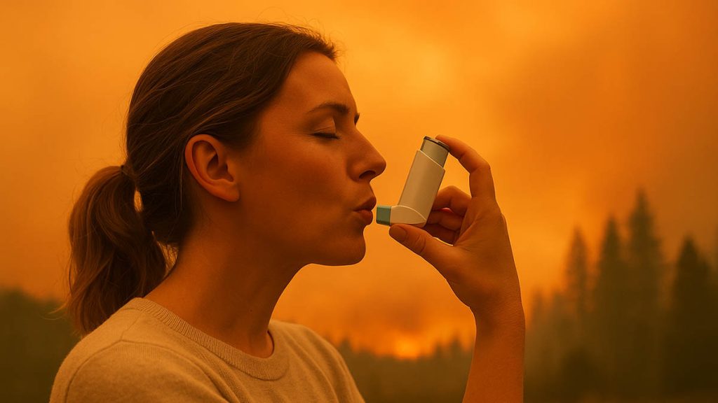 woman using inhaler during wildfire season