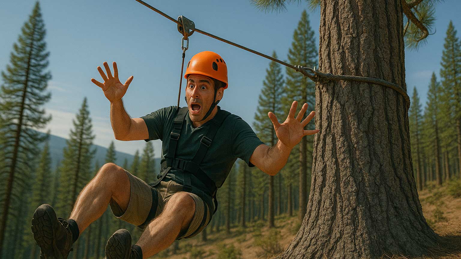 A man on a zipline in Oregon about to run into a tree