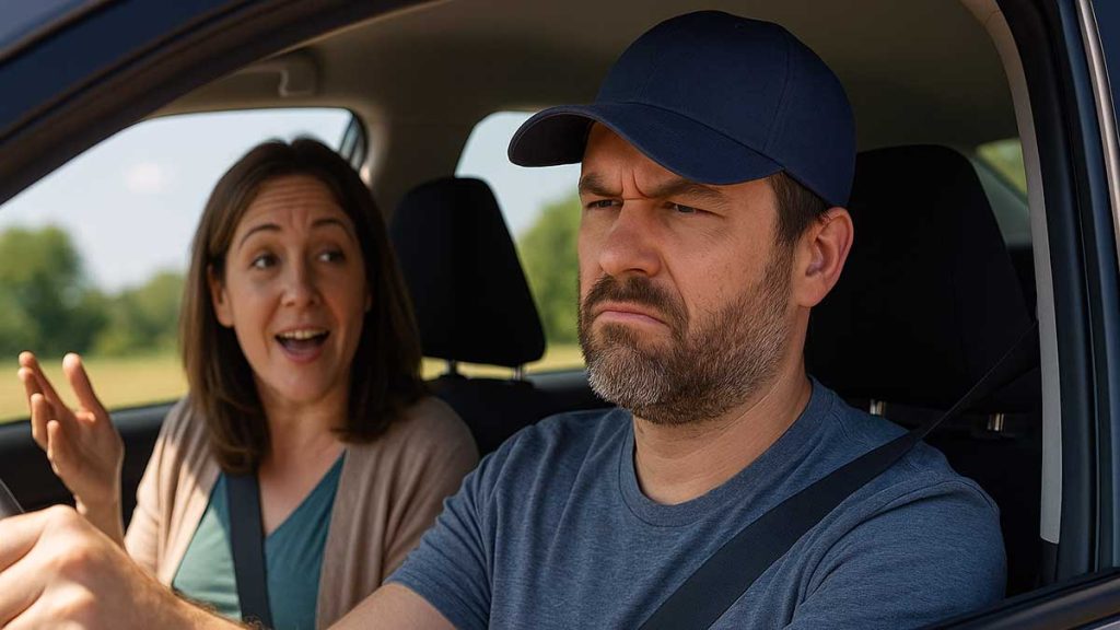 wife annoying husband in car